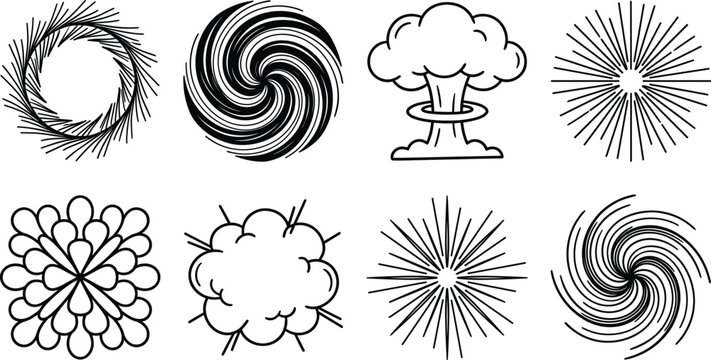 Comic book explosion elements set with mushroom cloud smoke effect sunburst rays and vortex swirls