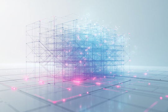 Abstract digital wireframe cube structure with glowing blue and pink lights