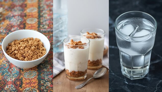 Healthy breakfast cereal in a white bowl with milk and a cold glass of refreshing water on a table