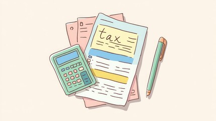 Obraz premium Illustrated documents, calculator, and pen suggest tax preparation