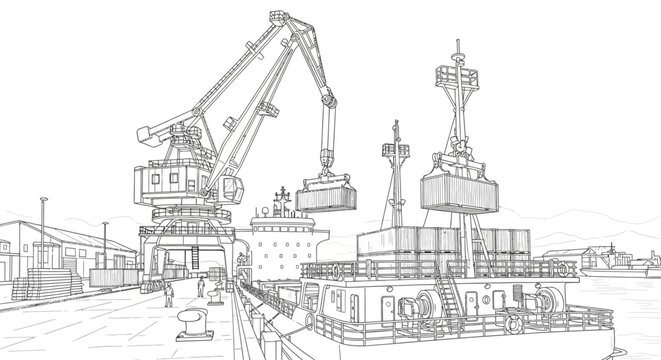 Shipping containers being loaded onto a cargo ship at a dock illustration