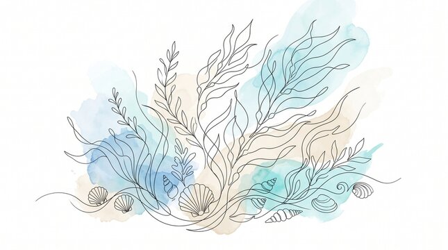 Aesthetic line art illustration of kelp forest and shells with fluid watercolor