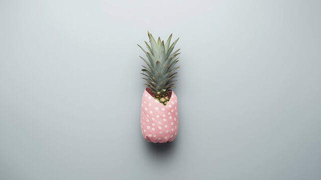 This image is a creative fruit concept featuring a pineapple wrapped in pink polka dot gift paper