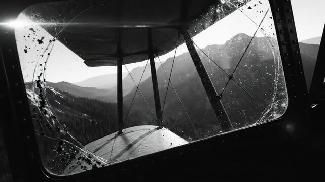 Black and white scenic view from the cockpit of a vintage biplane flying over mountain landscape