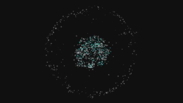 abstract quantum atom nucleus silhouette forming from white and blue particles on black background for science technology and artificial intelligence motion graphics