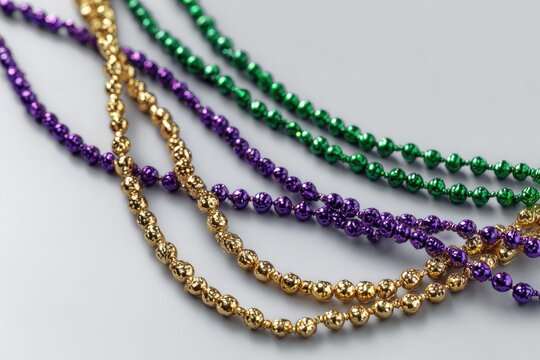 Cascading strands of golden, purple, and green beads create a festive and elegant decorative display