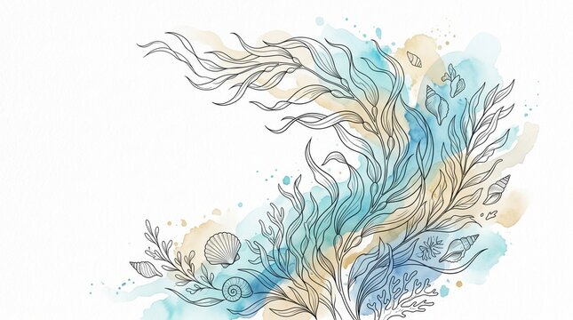 Minimalist fine line art of seaweed and sea shells with watercolor splashes