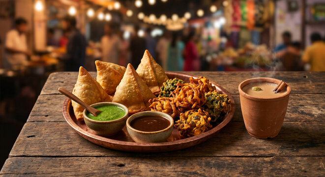 Indian street samosas chai market food photography