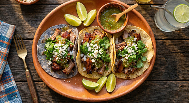 Mexican tacos terracotta plate limes salsa food photography