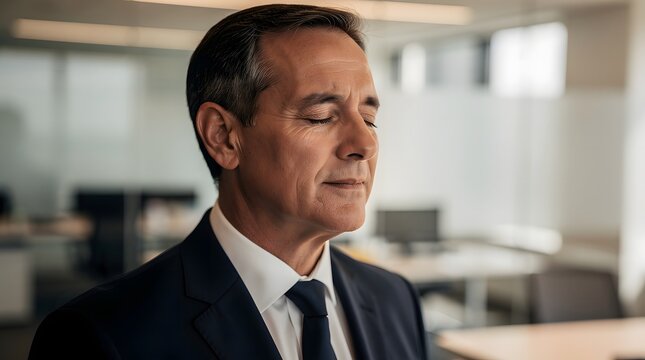 Executive stands in a modern office with his eyes closed to practice mindfulness and deep breathing during a stressful workday to maintain focus and emotional balance in a busy environment.