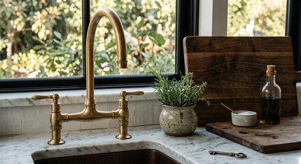 Kitchen marble brass faucet herbs board interior design © hue
