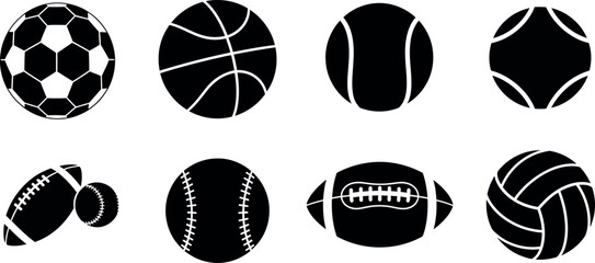 Obraz premium Minimalist black and white vector illustration of various sports balls including soccer, basketball, and football.