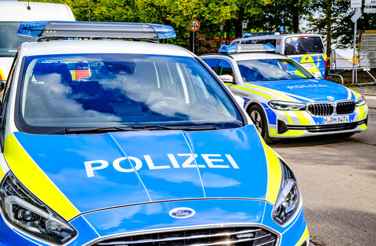 Munich, Germany - October 1: typical german police vehicle at the old town in Munich on October 1, 2025