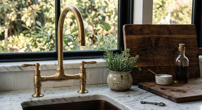 Kitchen marble brass faucet herbs board interior design