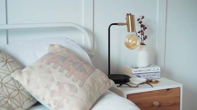 A serene bedroom scene with a neatly made bed featuring a white headboard, adorned with patterned pillows, and a bedside table with a modern lamp, books, and a vase with branches.