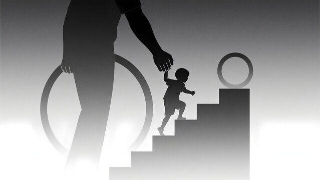 Minimalist conceptual illustration of a father guiding his child up the stairs, symbol of lifetime support.