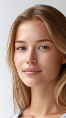 Naklejka premium Young woman portrait blonde blue eye freckle face, soft studio light, natural makeup, calm expression, clean background, closeup