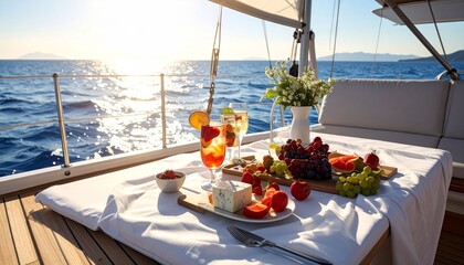 Obraz premium Fresh tropical fruits including pineapple, orange, banana, and grapes lie on a sunny beach, offering a healthy and colorful diet