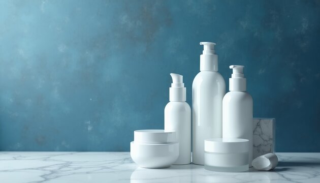 White skincare bottles and jars arranged on marble. Products include pump bottles and creams. Clean, minimal aesthetic suggests luxury beauty and self-care routines.