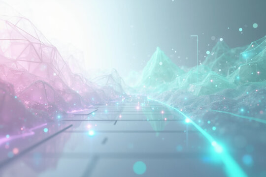 Abstract Futuristic Landscape with Glowing Path and Geometric Mountains