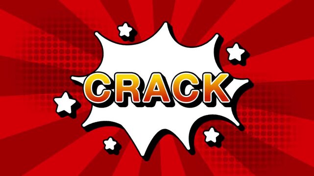 Crack text word lettering popup comic cartoon reveal with bomb and smoke explosion manga anime book page dots with radial speed lines doodle red background with seamless loop animation retro