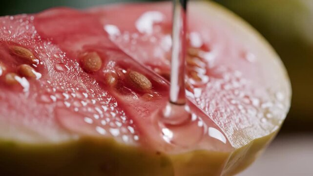 Close-up of pink guava being drizzled with clear liquid.