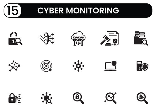 Set of 15 cyber monitoring, network security, and data analysis icons