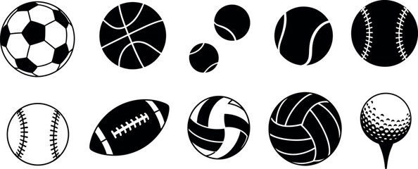 Fototapeta premium Minimalist black and white line art icons depicting various sports equipment in a flat vector style.