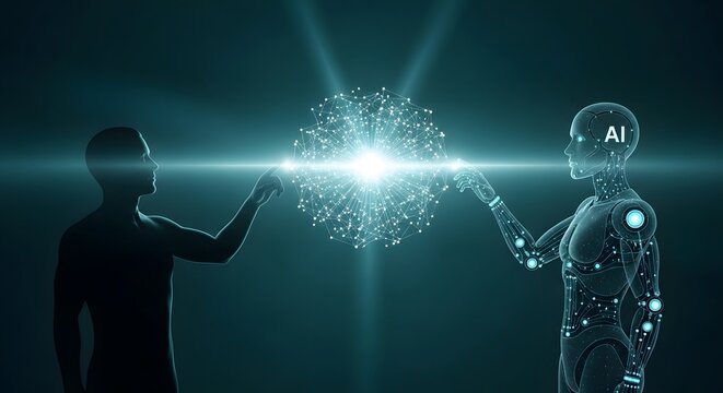 Artificial intelligence concept with human and robot silhouettes, glowing digital brain network, futuristic technology and machine learning interface