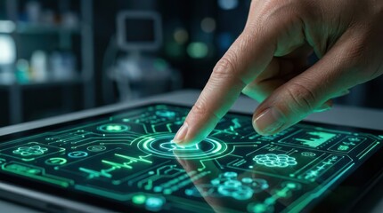 Obraz premium Futuristic Touchscreen Interface with Digital Circuit Design Being Selected by Finger