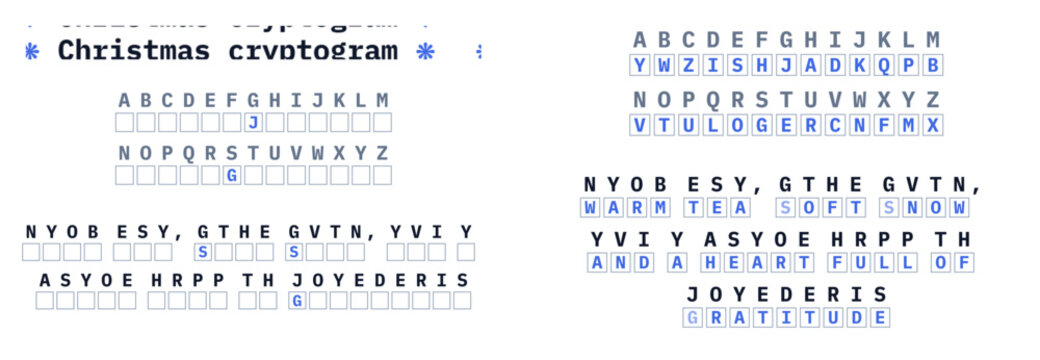 Christmas cryptogram puzzle with letters and festive design with the correct answer