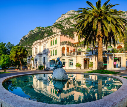 Riva del Garda, Italy - May 19: historic buildings at the famous old town and harbor of Riva del Garda on May 19, 2026