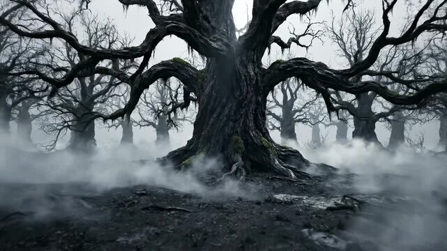 Spooky haunted forest with gnarled ancient trees covered in moss, shrouded in thick fog and eerie light rays filtering through branches, gothic atmosphere for horror or fantasy themes