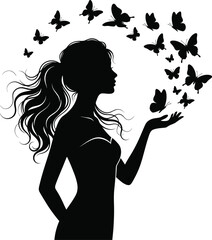 Female Silhouette With Butterflies Black On White Background © SunjidaRahman