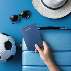 Hand holds passport over blue suitcase, soccer ball, hat, sunglasses