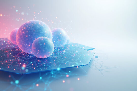 Futuristic molecular structures and glowing spheres on a digital network plate
