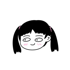 Hand drawn cartoon girl head with black pigtails blushing and looking sideways minimalist character illustration as PNG asset