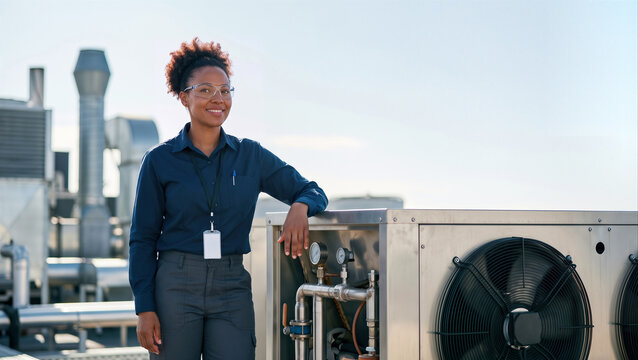 Professional woman technician smiling, leaning on industrial HVAC unit on commercial building rooftop, symbolizing skilled maintenance work.