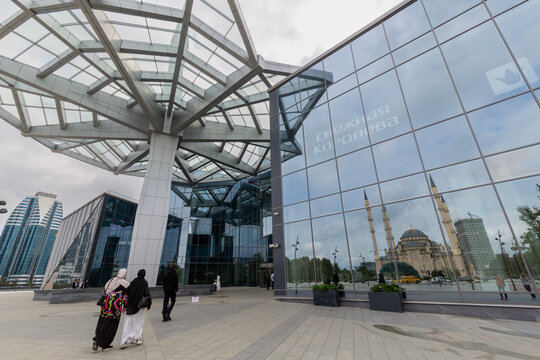 View of building of new modern shopping center in Grozny