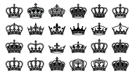 Vintage royal crown icons set, 24 black heraldic tiara silhouettes, ornate king and queen headwear vector collection for luxury branding © Shahzad