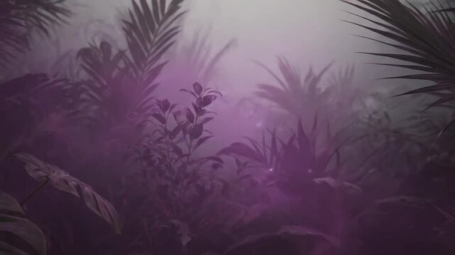 A glowing neon rectangular frame surrounded by lush tropical foliage in purple light
