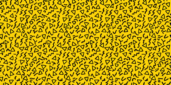 Geometric scribble pattern on yellow background repeating abstract design