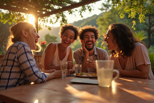 Diverse group of happy friends laughing together at an outdoor dinner table