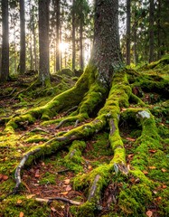 Obraz premium Towering tree with exposed roots covered in vibrant green moss in forest