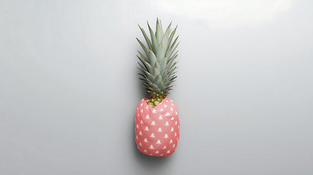 This image is a creative fruit concept featuring a pineapple wrapped in pink polka dot gift paper