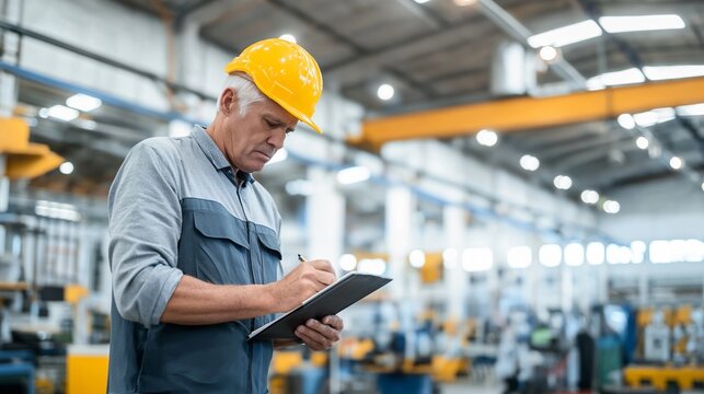 Senior man in hard hat inspecting manufacturing process, documenting observations on a clipboard, ensuring operational efficiency and product quality
