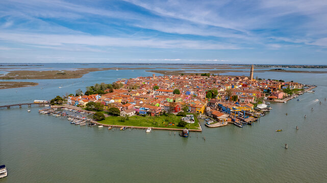 Aerial View of Colorful Houses and Canals on Burano Island in the Venice Lagoon, Italy