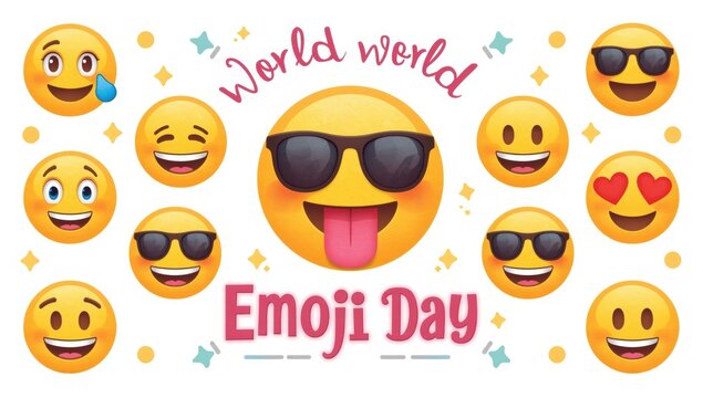 Set of funny yellow emoji faces with sunglasses and expressions for world emoji day celebration design