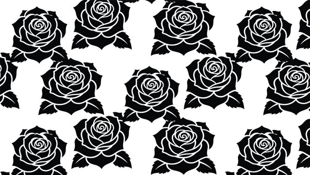 Repeating black rose floral pattern with white outlines on white background illustration