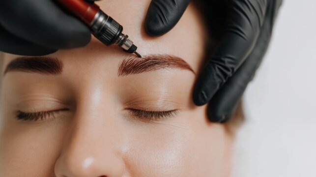 Gloved hands operating a permanent makeup machine, meticulously applying pigment to a client's eyebrow during a beauty treatment